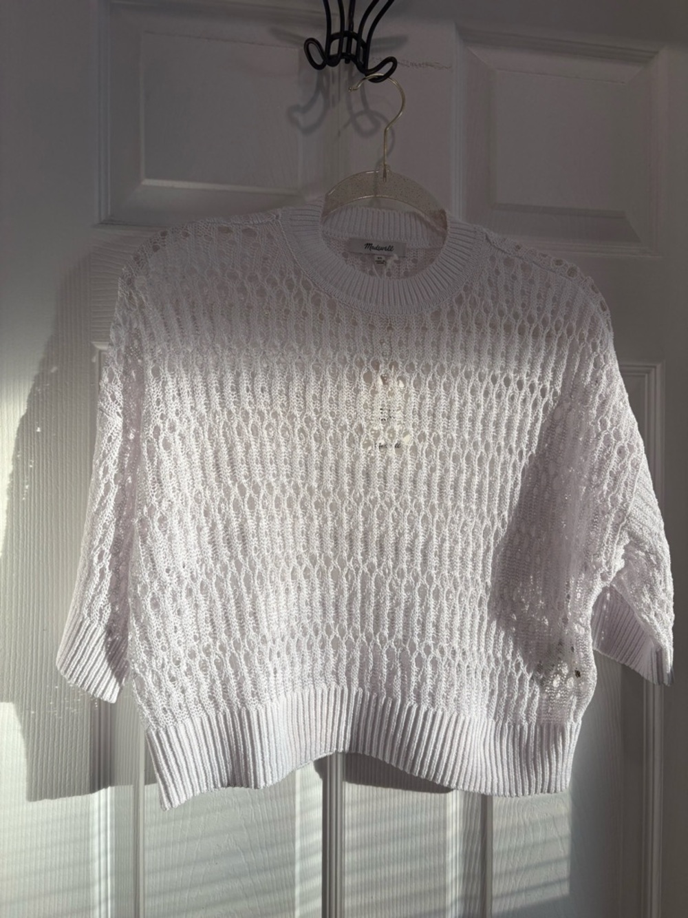 Madewell Open Knit Cropped Sweater XS White Short Sleeve Beachy Oversized NWT - Picture 3 of 7